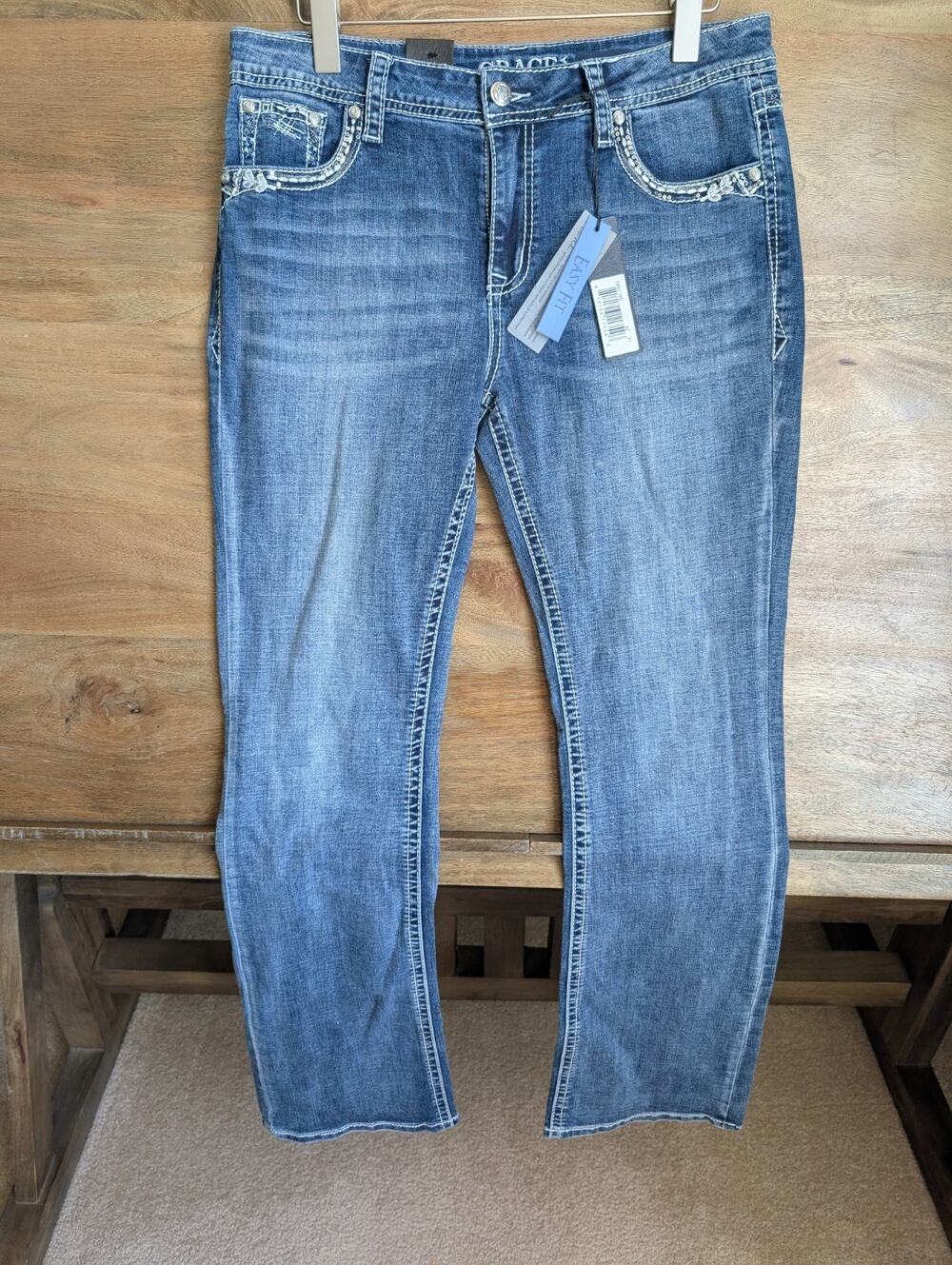 NWT Grace Jeans Womens 31 Blue Denim Embroidered Embellished Pockets EB61780
